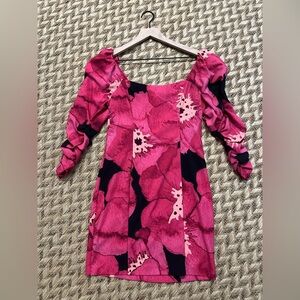 Hutch Dress - Women's 4 Pink Black EUC - Floral Puff Sleeve Mini Designer